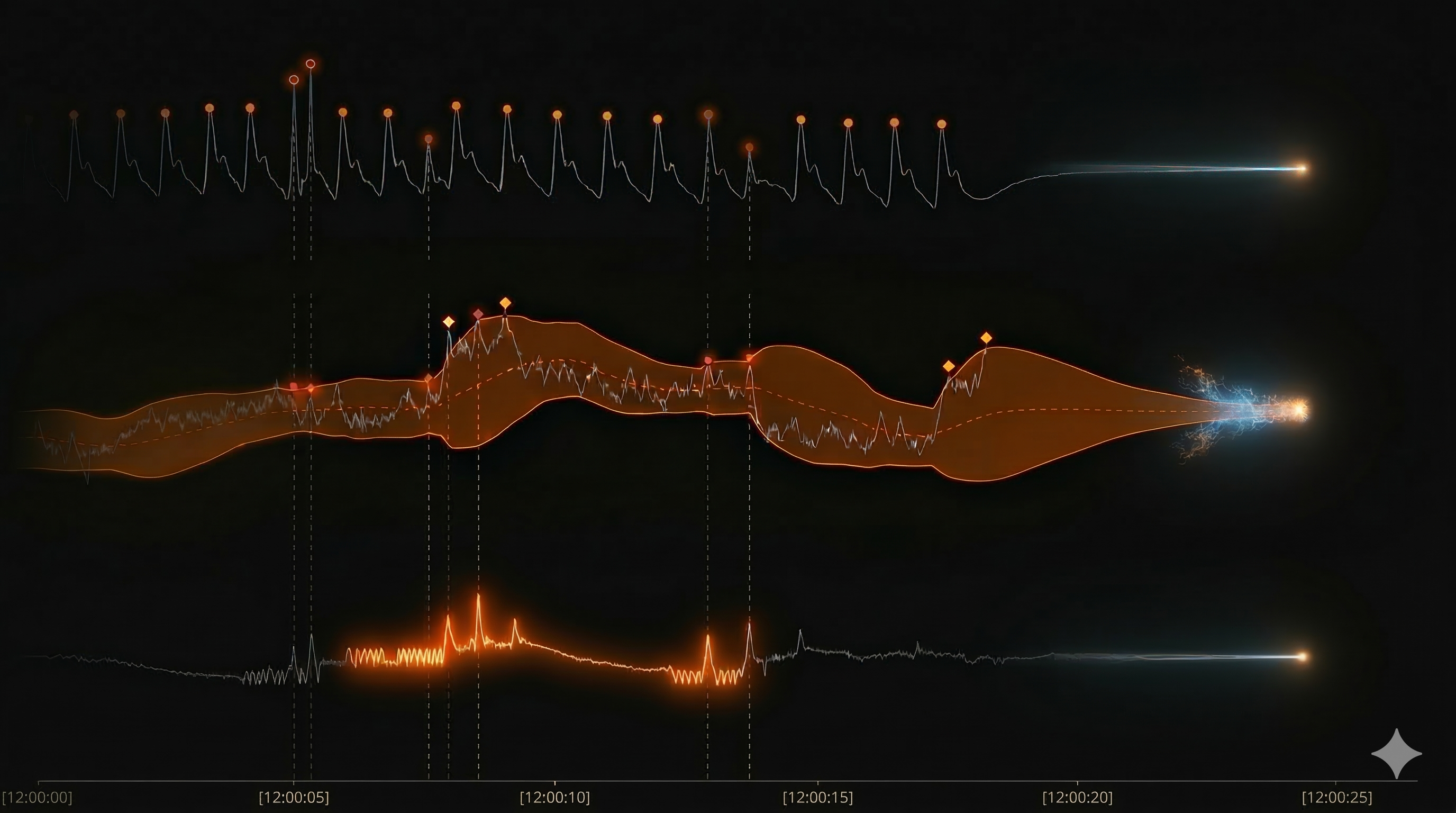 Three streaming time series with Bollinger Bands and detected anomalies highlighted in orange—peak detection, band breaches, and spike analysis running in real time.